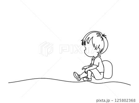 Cute little boy with a backpack. One line drawing vector illustration. 125802368