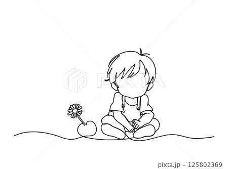 Cute little boy with a flower near him. One line drawing vector illustration. 125802369