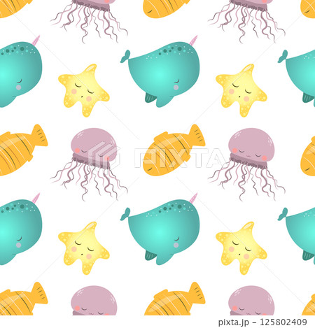 Sea life seamless pattern. Whale, starfish and jellyfish Sea life seamless pattern. Whale, starfish and jellyfish 125802409