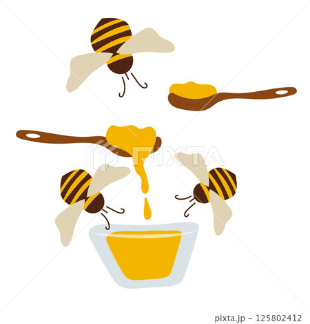 Set with honey and bee. Beekeeping illustration. Spoon of honey. 125802412