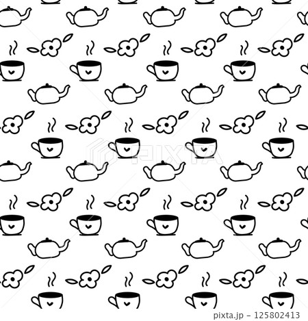 Seamless pattern with kettle and cup of tea. Doodle pattern with hot drink. 125802413