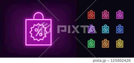 Outline neon shop bag icon. Glowing neon shopping handbag with percent icon, discount tag. Promo sale, shopping bag, discount price to benefit purchase, bonus offer, discount coupon. Vector icon set Outline neon shop bag icon. Glowing neon shopping handbag with percent icon, discount tag. Promo sale, shopping bag, discount price to benefit purchase, bonus offer, discount coupon. Vector icon set 125802426