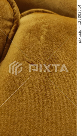 Detail of damaged mustard yellow velvet upholstery showing wear and tear of sofa 125802514