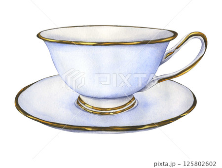 Ceramic porcelain cup and saucer. Watercolor hand drawn illustration of lite blue antique cup isolated on white background. Ornate gilded tea cup and saucer for english afternoon tea ceremony party 125802602