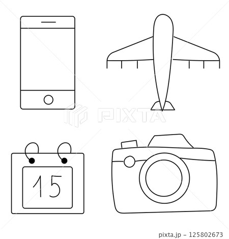 Travel doodle set with airplane, phone and camera. 125802673