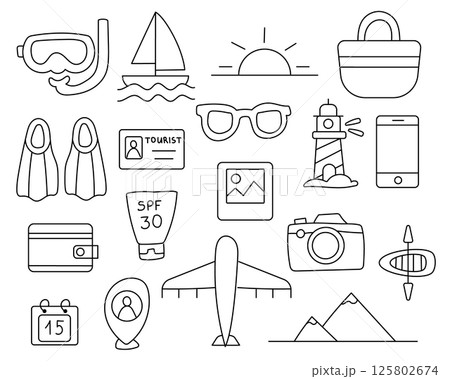 Doodle travel set with summer elements. 125802674