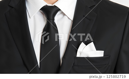 Blank white folded pocket square classic suit mockup, front view. 125802719
