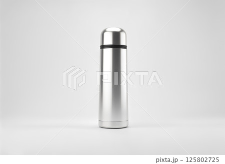 Blank white closed travel thermos mock up, 3d rendering. Empty traveler bottle mockup isolated. Clear stainless steel drink container template. Plain thermos mug for or coffee. 125802725