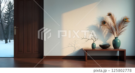 Chic minimalist interiors: elegant furniture, natural light, minimal composition. 125802778