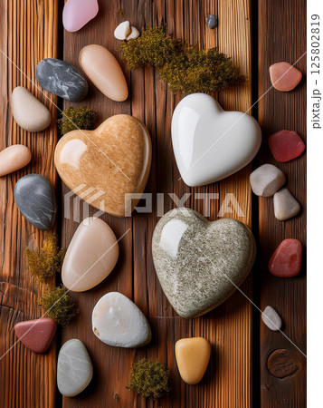 Colorful natural stones and heart shaped rocks on rustic wooden background with moss, peaceful flat lay composition representing love, harmony, nature, and balance in decorative elements 125802819