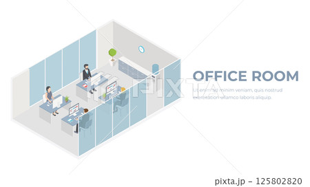 People workplace in office isometric design. Company employees man and woman team work together in comfortable modern cabinet. Business center floor interior inside with furniture. Vector illustration People workplace in office isometric design. Company employees man and woman team work together in comfortable modern cabinet. Business center floor interior inside with furniture. Vector illustration 125802820