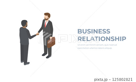 Handshake businessmen isometric. Meeting businesspeople. Two human in suits with briefcase shake hand. Vector illustration 3d design isolated on white background. Professional people. Deal agreement. Handshake businessmen isometric. Meeting businesspeople. Two human in suits with briefcase shake hand. Vector illustration 3d design isolated on white background. Professional people. Deal agreement. 125802821