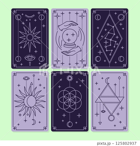 Cartoon Violet Reverse Cover Magical Tarot Deck Cards Set Mystic Prediction Concept Line Art Design Style. Vector illustration 125802937