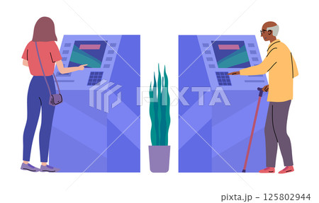 Cartoon Color Bank Characters Clients and Atm Cash Machine Concept Set Providing Banking Services Concept Flat Design Style. Vector illustration 125802944