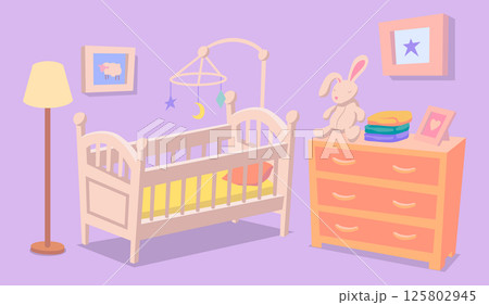 Cartoon Color Wooden Baby Cot with Hanging Toy Kid Sleep and Dresser Room Interior Inside Scene Concept. Vector illustration 125802945