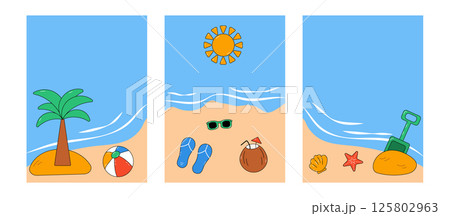 Summer set of beach elements and view to the sea Summer set of beach elements and view to the sea 125802963
