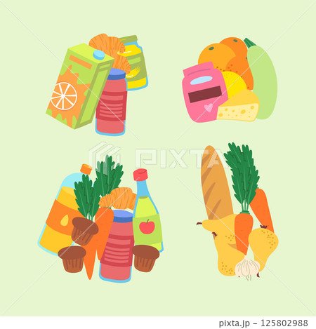 Cartoon Color Different Types Elements Grocery Concept Set Flat Design Style Include of Drink, Fruit and Vegetables. Vector illustration 125802988