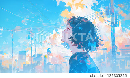 都会で空を見上げる女性のイラスト素材 [125803236] - PIXTA