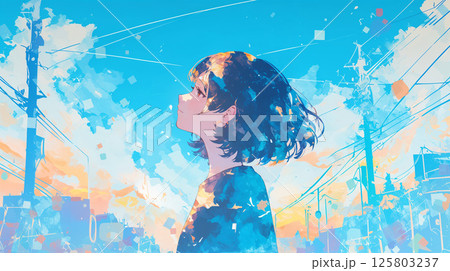 都会で空を見上げる女性のイラスト素材 [125803237] - PIXTA