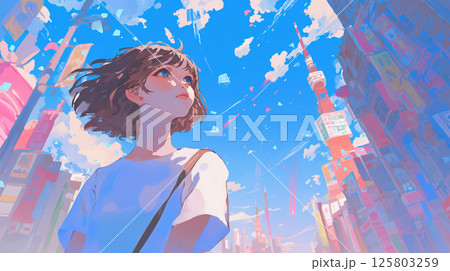 都会で空を見上げる女性のイラスト素材 [125803259] - PIXTA