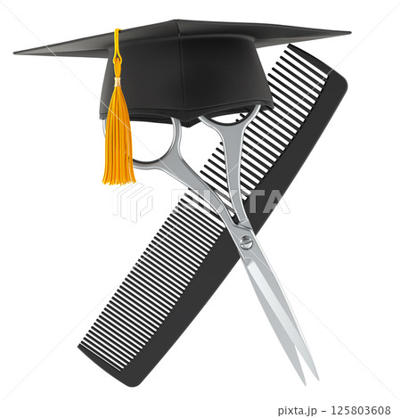 Hair Cutting Courses, Hairdressing Education, concept. Hair cutting scissors and comb crossed with graduation hat. 3D rendering Hair Cutting Courses, Hairdressing Education, concept. Hair cutting scissors and comb crossed with graduation hat. 3D rendering 125803608