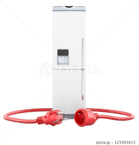 Refrigerator with Electric Plug and Socket disconnection. Power outage in home, concept. 3D rendering Refrigerator with Electric Plug and Socket disconnection. Power outage in home, concept. 3D rendering 125803613