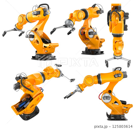 Robotic Arms different front, top, side views. 3D rendering Robotic Arms different front, top, side views. 3D rendering 125803614