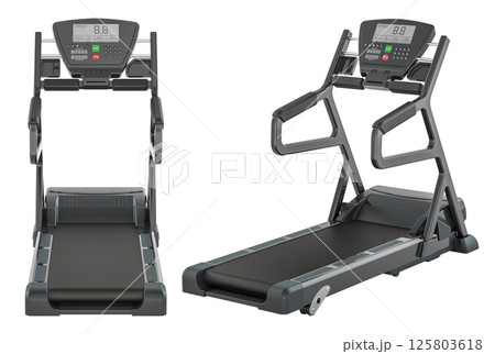 Treadmill, walking treadmill different front, side views. 3D rendering 125803618