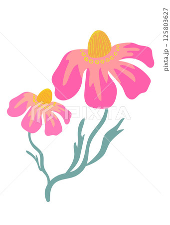 ピンクの花と緑の葉のモダンでミニマルなボタニカルイラスト 白背景 ピンクの花と緑の葉のモダンでミニマルなボタニカルイラスト 白背景 125803627