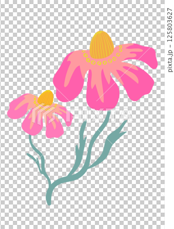 ピンクの花と緑の葉のモダンでミニマルなボタニカルイラスト 白背景 ピンクの花と緑の葉のモダンでミニマルなボタニカルイラスト 白背景 125803627