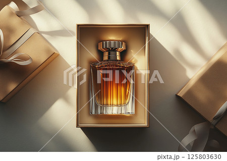 Glass perfume bottle featuring elegant gold detailing. Perfect for high-end perfume marketing. Glass perfume bottle featuring elegant gold detailing. Perfect for high-end perfume marketing. 125803630