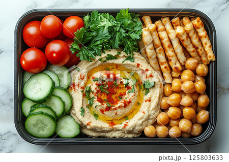 Plant based lunch box with hummus, roasted chickpeas, fresh veggie sticks and whole wheat pita bread on. Plant based lunch box with hummus, roasted chickpeas, fresh veggie sticks and whole wheat pita bread on. 125803633