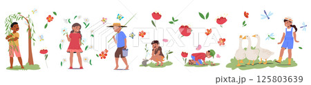 Children cartoon characters enjoying walk on summer nature set isolated on white background 125803639