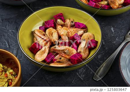 Flavorful shrimp with dragon fruit or pitaya. Flavorful shrimp with dragon fruit or pitaya. 125803647