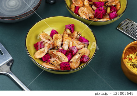 Grilled tasty shrimps, photography. 125803649