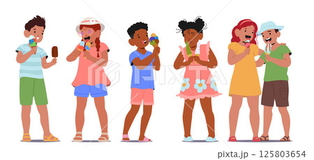 Happy children cartoon characters eating ice-cream sweet frozen summer dessert isolated set 125803654