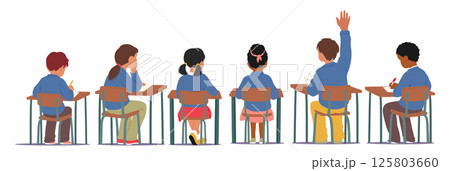 Cute primary age students cartoon children characters sitting at school desk view from back 125803660