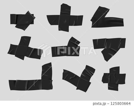 3d illustration of a set of black adhesive tape strips with wrinkles glued with crosses and arrows. 125803664