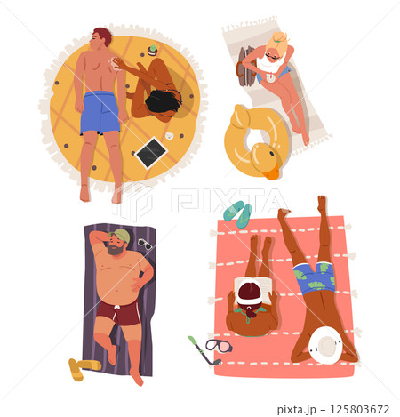 Cartoon set of relaxed people characters sunbathing on beach enjoying summer vacation time Cartoon set of relaxed people characters sunbathing on beach enjoying summer vacation time 125803672