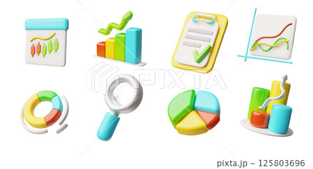 3D vector set, with different shaped graphs, magnifying glass, checklist. Financial analysis. 125803696