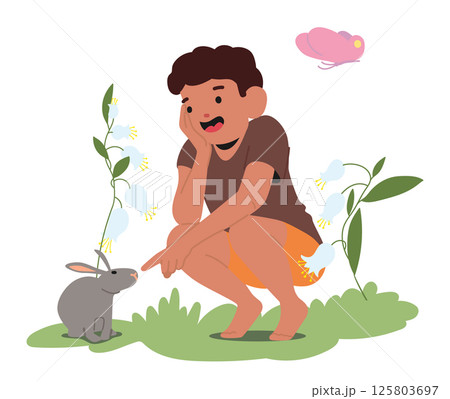Excited little boy child cartoon character playing with wild hare animal on summer meadow scene Excited little boy child cartoon character playing with wild hare animal on summer meadow scene 125803697