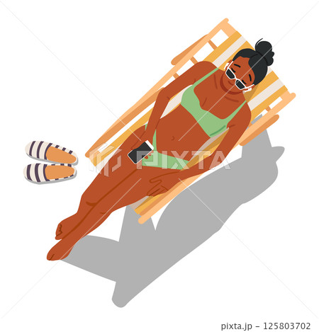 Woman tourist in swimsuit sunbathing while sitting on beach deckchair isolated on white background Woman tourist in swimsuit sunbathing while sitting on beach deckchair isolated on white background 125803702