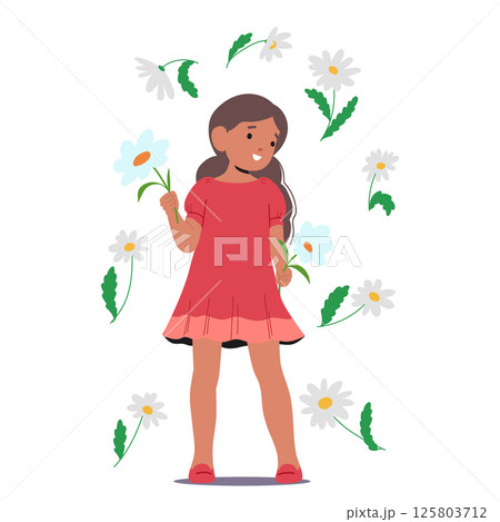 Girl child cartoon character enjoying summer nature beauty standing surrounded chamomile flowers Girl child cartoon character enjoying summer nature beauty standing surrounded chamomile flowers 125803712