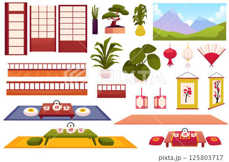 Set of traditional Japanese room interior elements, vector illustration. 125803717