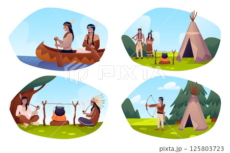 Native American Indian people scenes flat vector illustration set, cartoon wigwam dwellings, teepee village, wooden boat Native American Indian people scenes flat vector illustration set, cartoon wigwam dwellings, teepee village, wooden boat 125803723