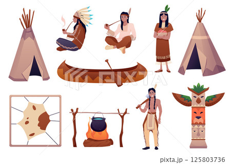 Native American Indian theme and aboriginal people flat vector icon set, teepee village, wooden boat, tribal warrior 125803736