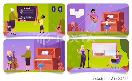 Music class learning vector flat set, kids playing on piano, saxophone, cello and singing, woman teacher in classroom 125803739