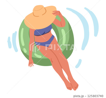 Woman wearing swimsuit and trendy summer hat swimming in inflatable rubber ring overhead view Woman wearing swimsuit and trendy summer hat swimming in inflatable rubber ring overhead view 125803740