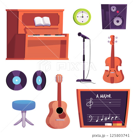 Music classroom interior items and instruments set, vector illustration. 125803741