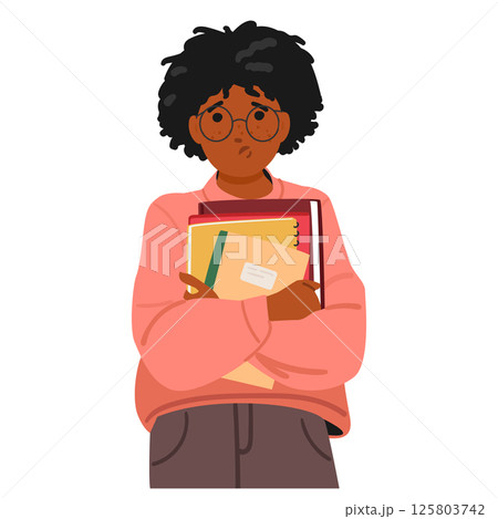 Overwhelmed nerd geek girl cartoon child character in glasses thinking hard holding books in hands 125803742